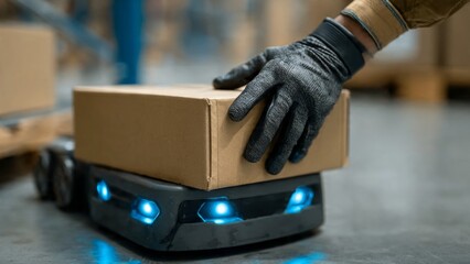 Fototapeta premium Human Worker Interacting with Autonomous Mobile Robot in Warehouse
