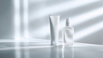 White Cosmetic Tube and Clear Glass Pump Bottle with Soft Shadows