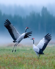 Obraz premium Two migratory birds display their wings in a field at dawn