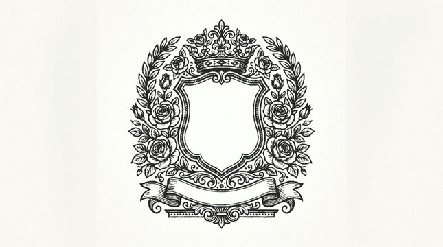 Elegant floral monogram crest frame with crown and ribbon blank heraldic shield vector illustration ornate design luxury symbol royalty