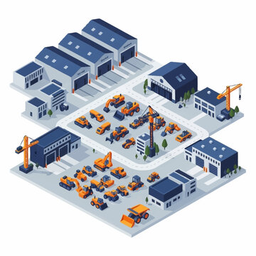 Isometric construction site with various heavy machinery and industrial buildings.