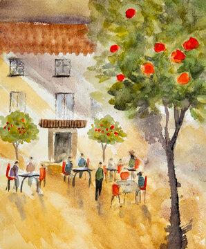 Watercolour painting of Spanish street scene