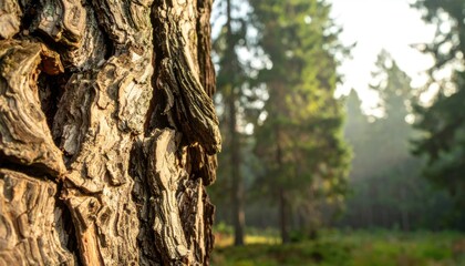 Obraz premium Close-up of rough tree bark with blurred forest background and sunlit trees