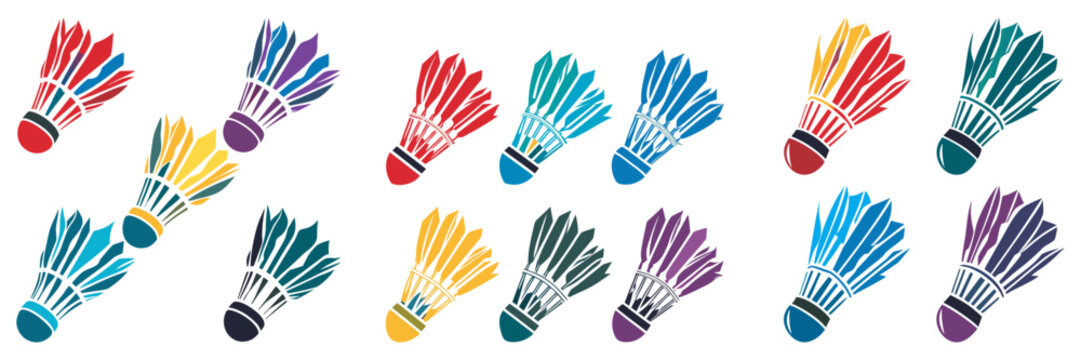 A colorful collection of stylized badminton shuttlecocks arranged in various vibrant patterns and colorways.