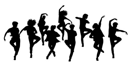 Fototapeta premium Dynamic silhouettes of dancers in various expressive poses isolated on transparent background, Vector