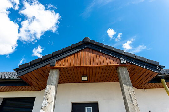 House roof exterior with pvc soffit and flashing details