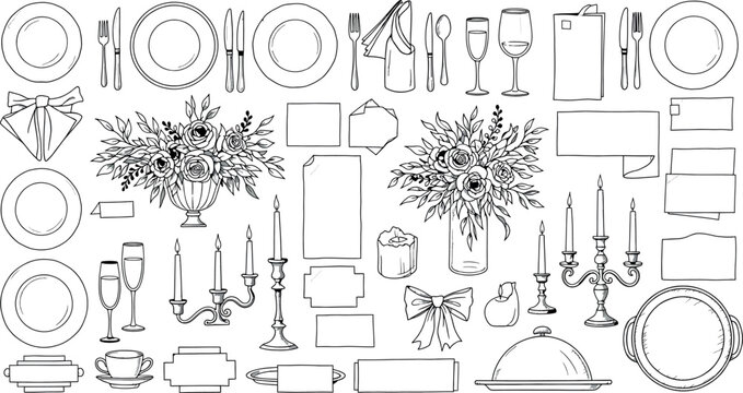 Dining table setting illustrations isolated on transparent background