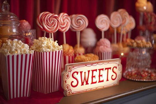 A candy bar features sweets like lollipops, popcorn, and treats for enjoyment