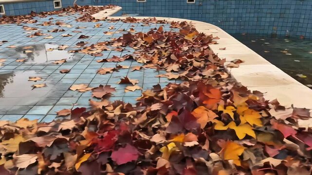 Panning view over an empty drained swimming pool covered with colorful fallen autumn leaves and water puddles reflecting the surroundings