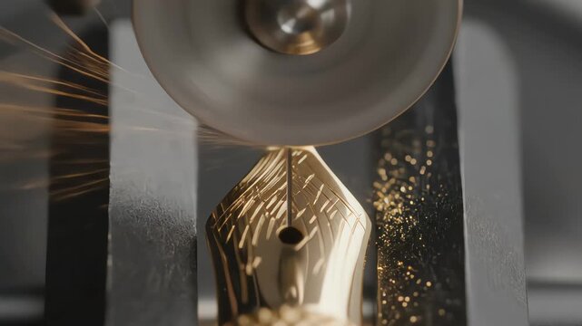 Close up macro shot of a gold fountain pen nib being slit down the middle by a rotating cutting disc creating a shower of sparks during the manufacturing and crafting process