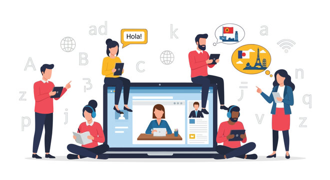 People learning languages online with digital tools.