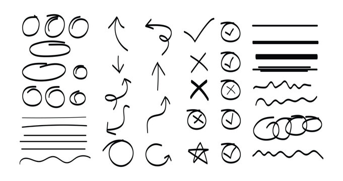 Hand drawn doddle set. Line black marker hand drawn pen brush stroke underline check. Doodle check, cross, star oval round icon sign symbol texture rough. 