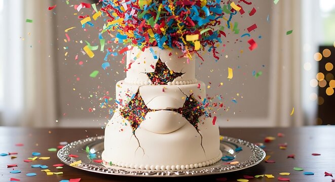 Three tiered cake exploding with colorful confetti for celebratory event
