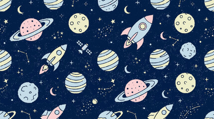 Naklejka premium Seamless pattern of colorful planets rockets and stars in a dark blue space background for kids' designs