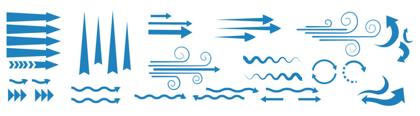 Fototapeta premium Set of Air flow vector arrow. Air flow and light blue ventilation, climate control, air direction circulation motion and strength signs.