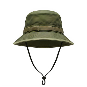 Olive green military style tactical bucket hat with an adjustable chin strap for outdoor activities isolated on transparent background
