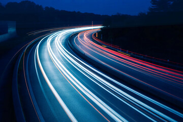 Long exposure highway traffic lights streaks curves through dark night environment