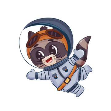 Cute Raccoon Astronaut Cartoon Floating In Space. A cute raccoon astronaut cartoon character floating in space suit, playful vector illustration for kids design, stickers, nursery and space themes.
