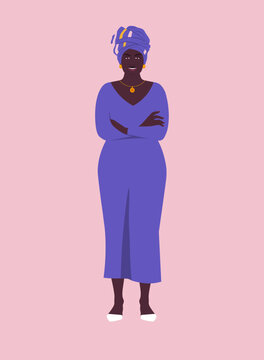 Modern flat vector full-length illustration of a confident African woman standing with her arms crossed. Diversity, female empowerment, cultural heritage, and fashion.