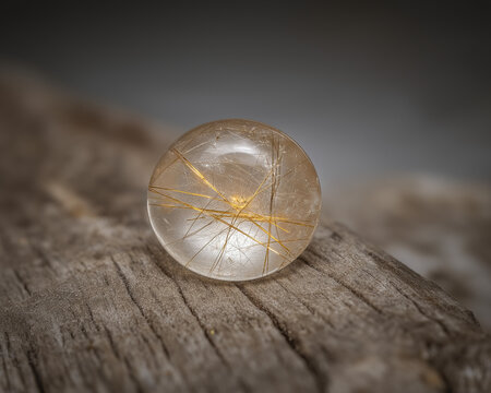 Golden Rutile Quartz Sphere on Driftwood &mdash; Minimalist Macro Elegance, Clear quartz orb with golden rutile on driftwood, soft gray background&mdash;luxury natural texture for refined design projects.