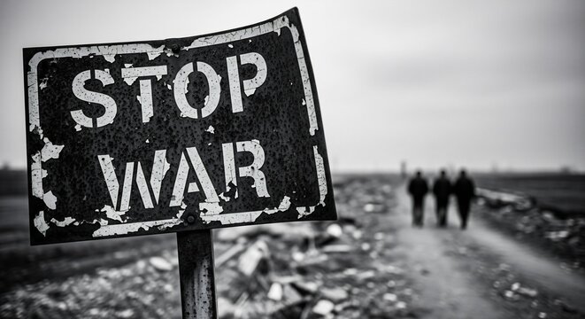 Iconic 'STOP WAR' sign in stark black and white, standing weathered on a desolate path, symbolizing a timeless plea for global peace and an end to conflict.
