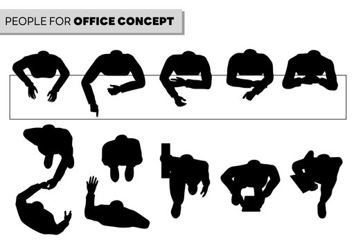 office people top view silhouette in workplace for architectural. businessmen working, meeting, typing, and walking. black shadow plan illustration.