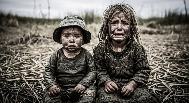 A poignant portrait of two dirty children, a crying girl and a solemn boy, amidst a desolate landscape, symbolizing hardship, poverty, and crisis.