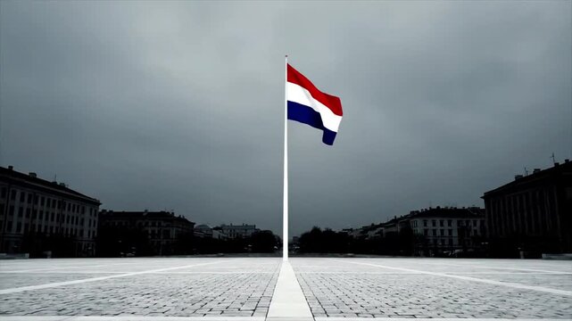 Dutch flag waving on a pole in Amsterdam city square on a cloudy day