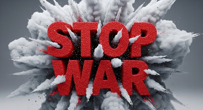 Urgent 'STOP WAR' message in bold red textured text exploding amidst chaotic white and grey smoke and debris, symbolizing a powerful plea for global peace and an end to destruction.