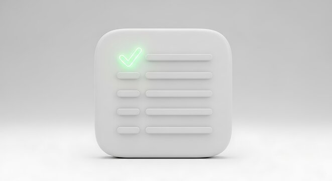 A 3d rendered white square icon displaying a checklist with a glowing green checkmark symbol