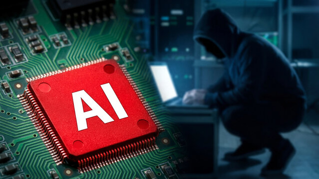 Artificial intelligence cybersecurity threat concept showing AI processor chip and anonymous hacker in dark server environment for digital security awareness