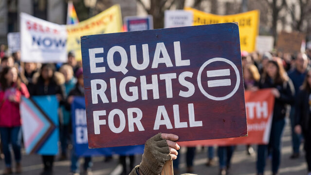 Civil rights activism concept with protester raising equal rights for all sign at outdoor demonstration for social justice equality and advocacy