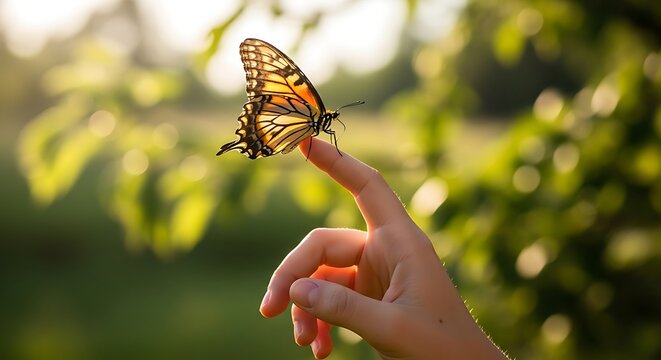 A child's hand gently holding a monarch butterfly in golden sunlight.