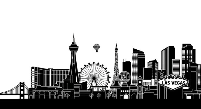 Black and white silhouette illustration featuring the iconic las vegas city skyline and landmarks