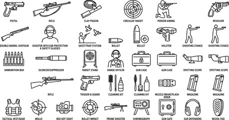 Set of black line icons representing shooting sports and firearm activities, including a pistol, rifle, clay pigeon shooting, a target, and a person aiming a weapon © Aditya