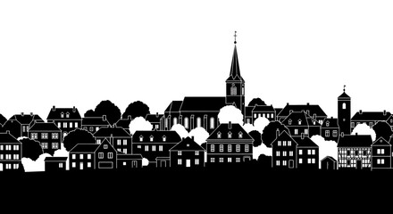 Fototapeta premium Black silhouette of a traditional european town landscape with a church steeple and old houses