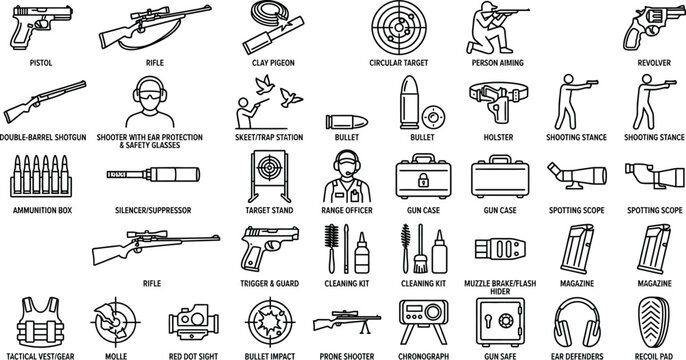 Set of black line icons representing shooting sports and firearm activities, including a pistol, rifle, clay pigeon shooting, a target, and a person aiming a weapon