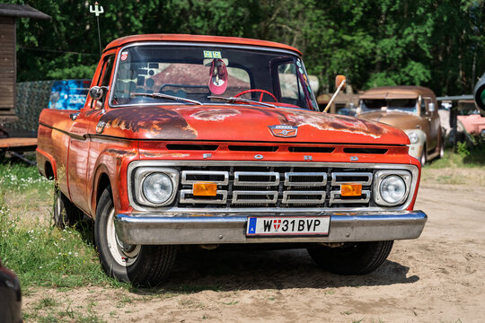 FINOWFURT, GERMANY &ndash; JUNE 28, 2025: Classic pickup truck Ford F‑100 1964. Roadrunner's Paradise Race 61 Festival.