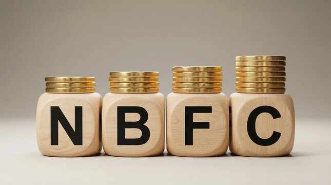 coins stacked on wooden alphabet blocks forming nbfc representing lending and financial sector concept