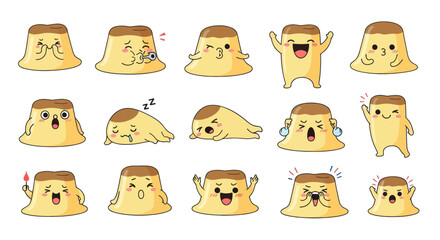Fototapeta premium Cute Pudding Characters with Various Emotions, Vector Stock Art