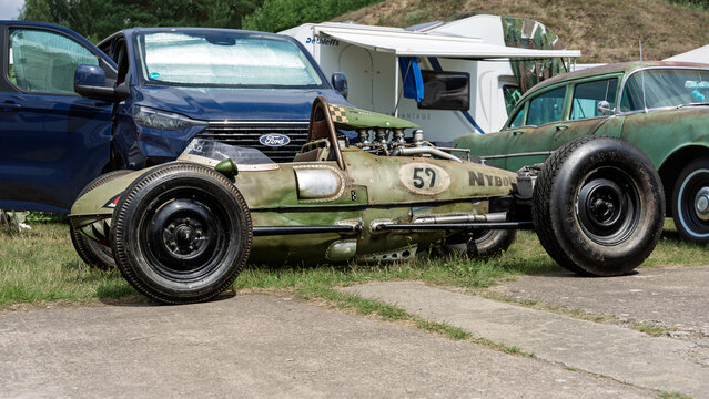 FINOWFURT, GERMANY &ndash; JUNE 28, 2025: Custom vintage-style racing car. Roadrunner's Paradise Race 61 Festival.