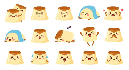 Cute Cartoon Pudding Emoticons with Various Emotions and Actions