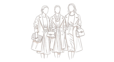 Obraz premium Fashion illustration of three women in coats and handbags, line art