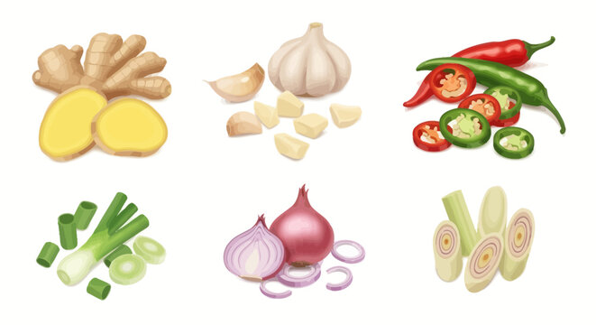 Fresh Ginger, Garlic, Chili Peppers, Spring Onions, Shallots, Lemongrass