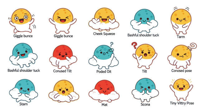 Cute Kawaii Moon Characters Poses and Emotions Flat Design