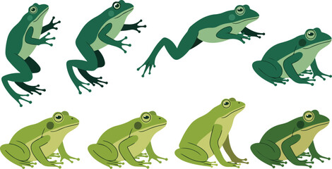 Naklejka premium Green frog animation sequence showing various jumping poses and sitting positions in a flat illustration style