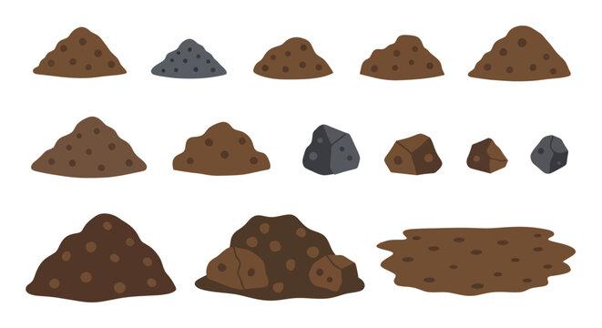 Piles of dirt and rocks cartoon vector set, flat illustration