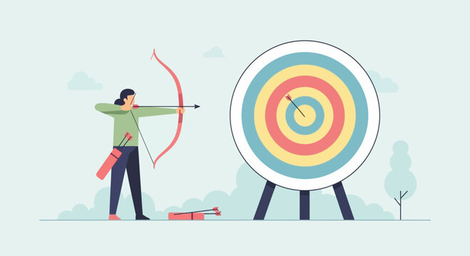 A woman archer successfully hits the bullseye on a target.