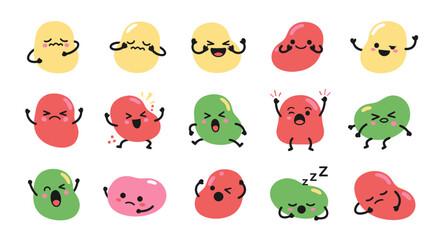 Naklejka premium Cute Jelly Beans Characters with Different Emotions, Flat Design