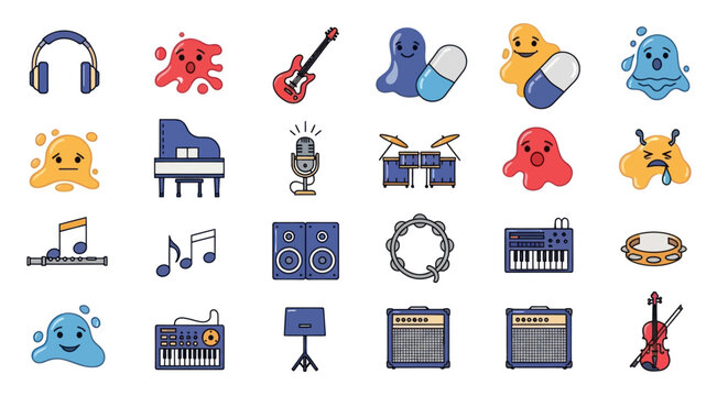 Flat style cartoon music icons set: headphones, guitar, piano, drums, violin
